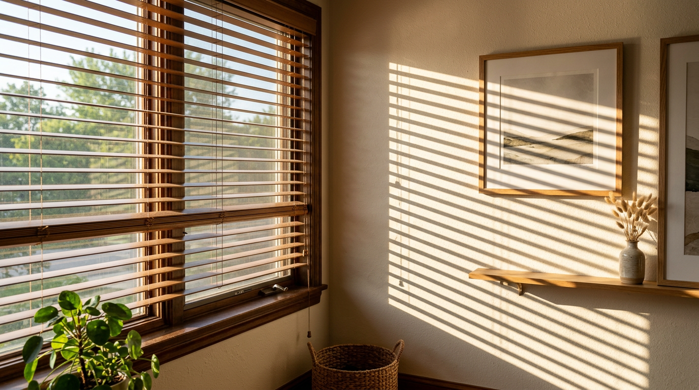 Sunlight through horizontal window blinds on wall