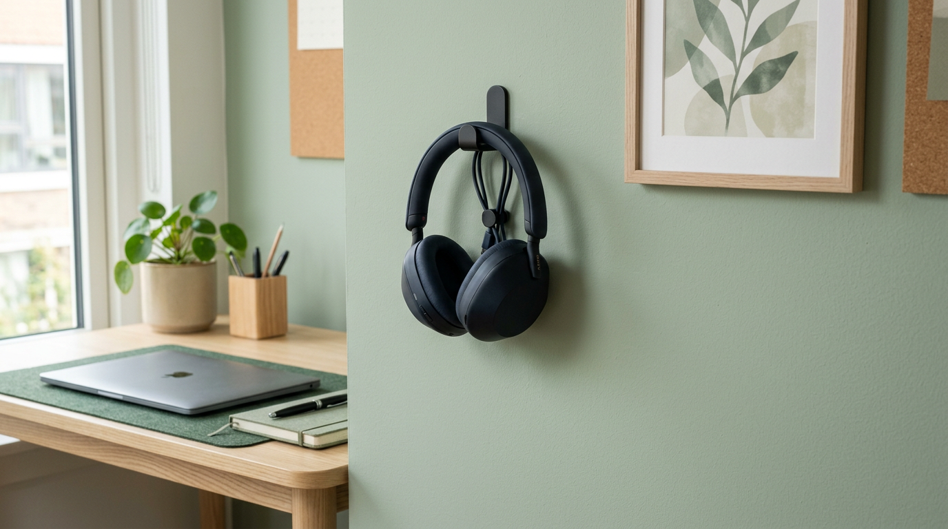 Over-ear headphones resting on hook by desk