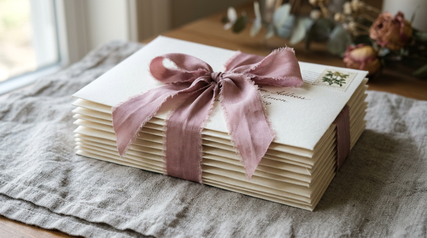 Stack of letters tied with silk ribbon