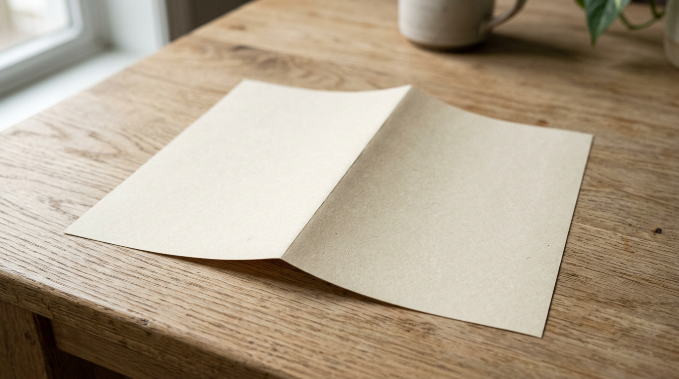 Paper folded in half on wooden table