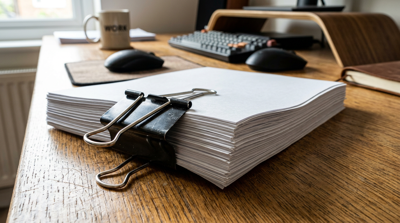 Binder clip holding thick stack of paper