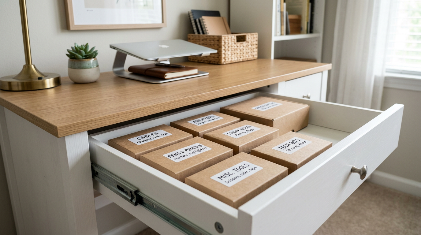 Open desk drawer with small labeled boxes