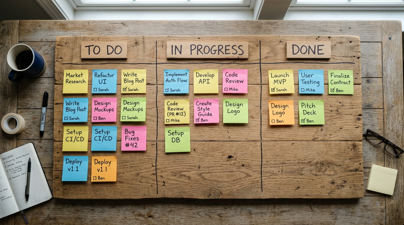 Wooden board with three columns of sticky notes