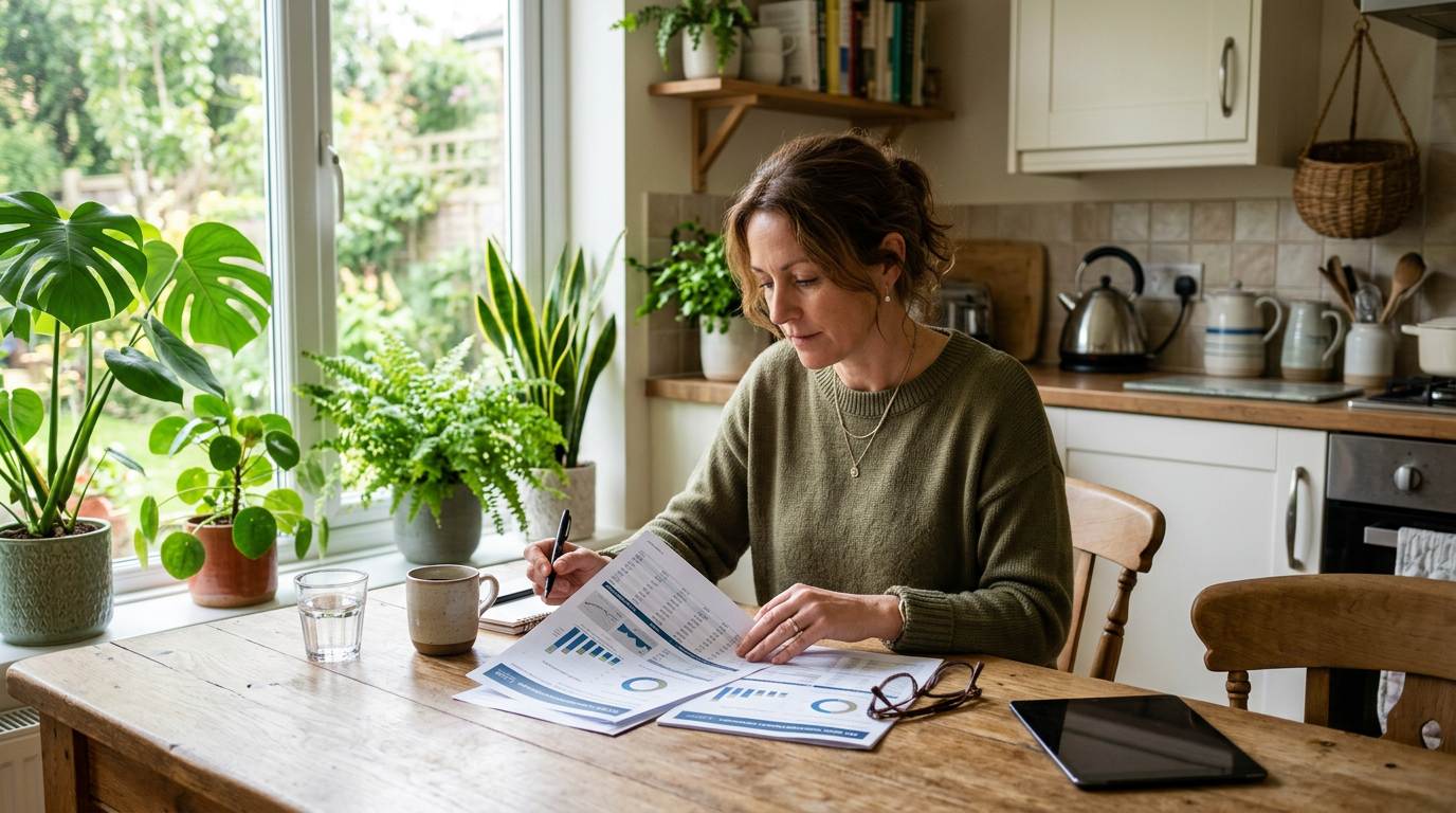 Person reviewing printed investment summary at a kitchen table