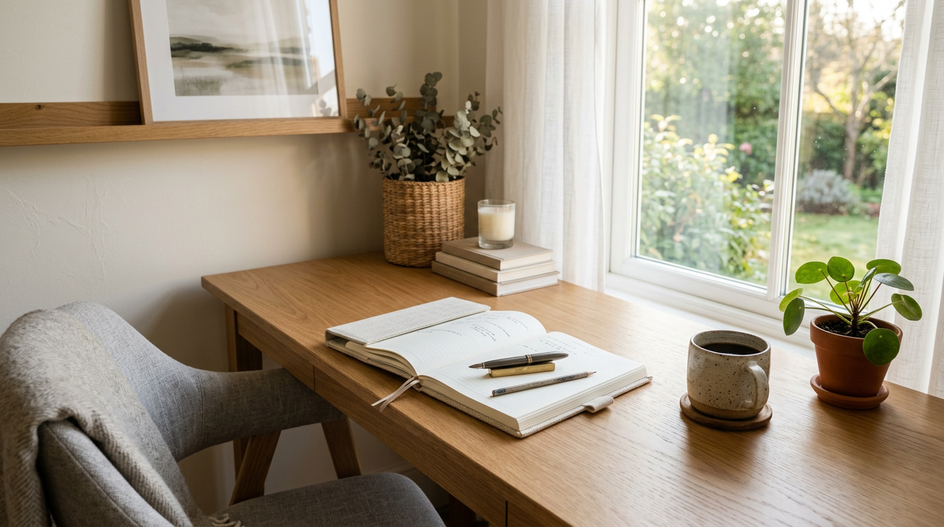 Soft neutral workspace with oak desk and morning light