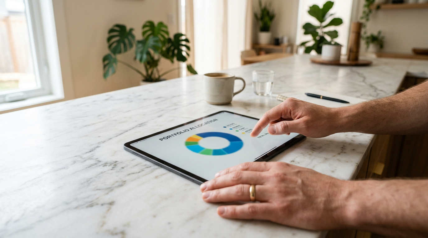 Tablet showing portfolio chart on marble counter
